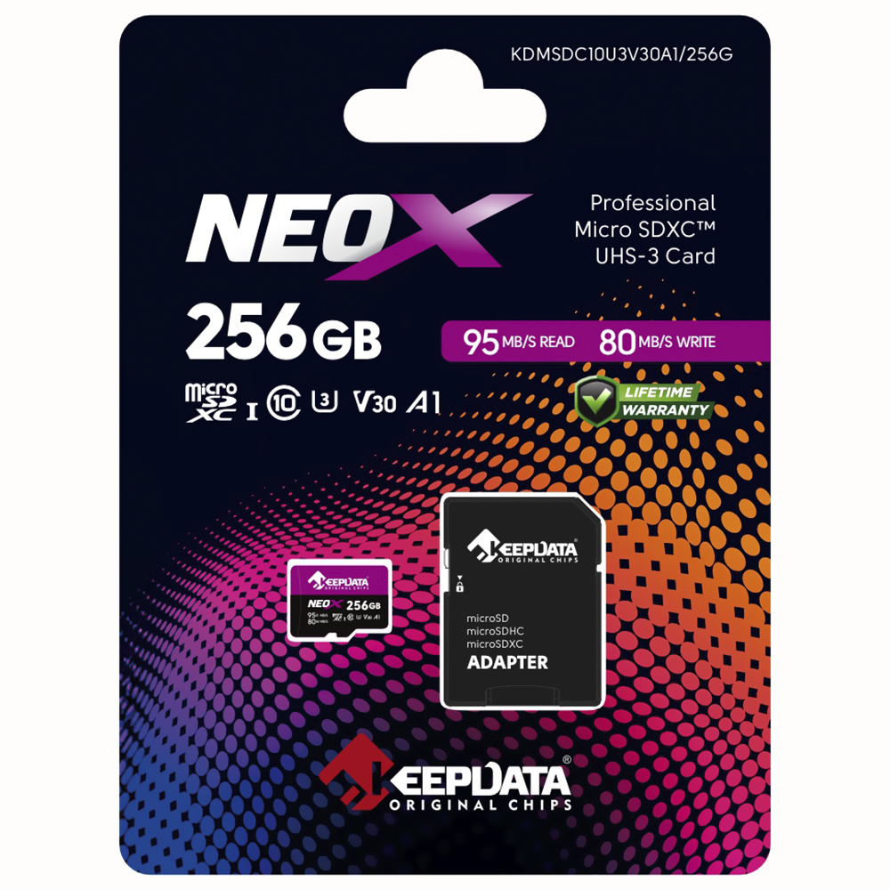 Cartão de Memória Micro SD Keepdata Neox C10 XC I U3 V30 A1 256GB - KDMSDC10U3V30A1/256G
