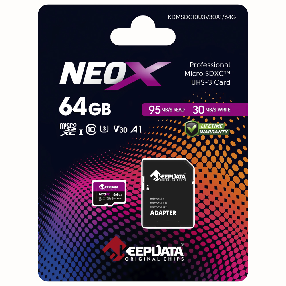 Cartão de Memória Micro SD Keepdata Neox C10 XC I U3 V30 A1 64GB - KDMSDC10U3V30A1/64G