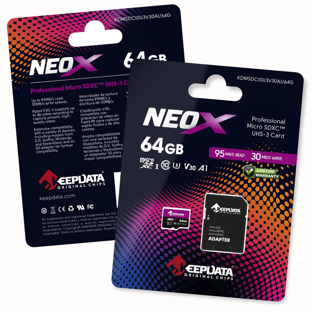 Cartão de Memória Micro SD Keepdata Neox C10 XC I U3 V30 A1 64GB - KDMSDC10U3V30A1/64G