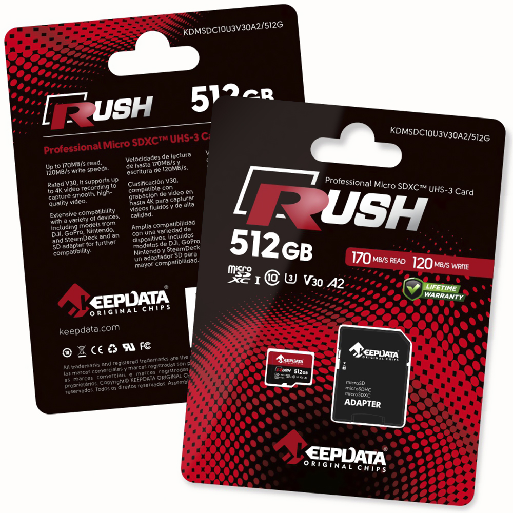 Cartão de Memória Micro SD Keepdata Rush C10 XC I U3 V30 A2 512GB - KDMSDC10U3V30A2/512G