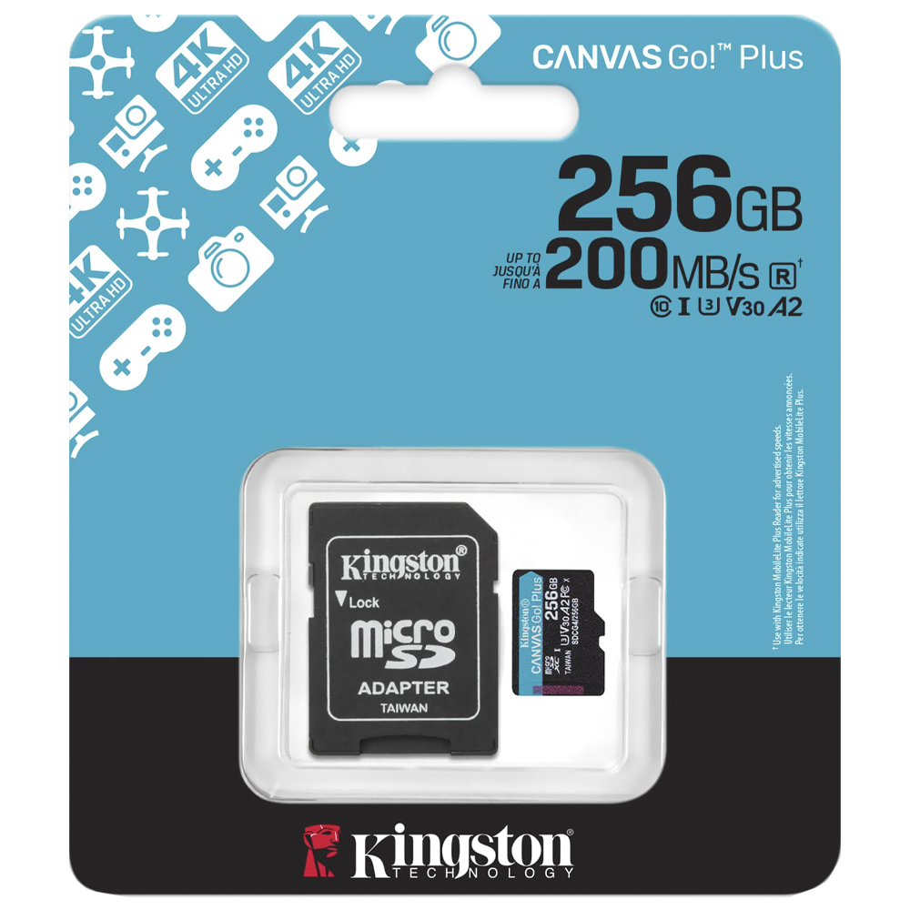 Cartão de Memória Micro SD Kingston Canvas Go Plus U3 C10 V30 A2 256GB - SDCG4/256GB