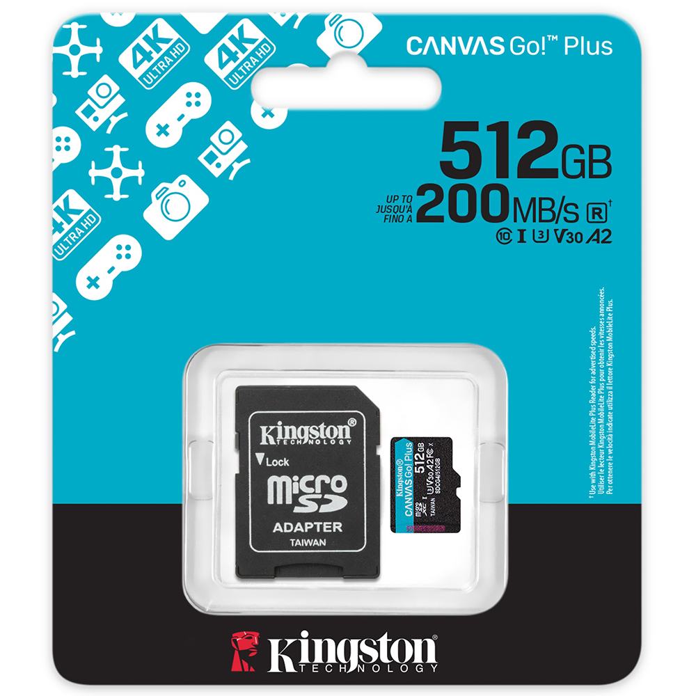 Cartão de Memória Micro SD Kingston Canvas Go Plus U3 C10 V30 A2 512GB - SDCG4/512GB