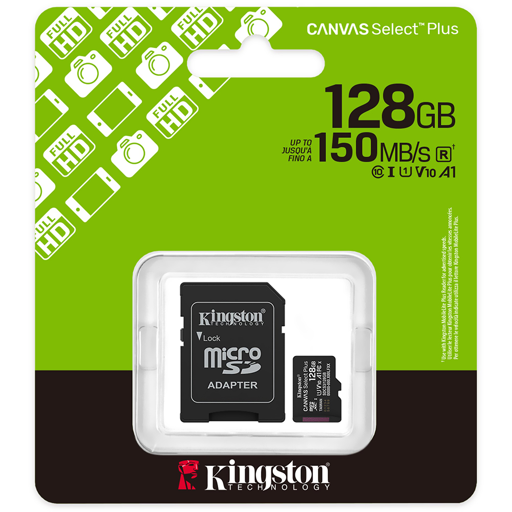 Cartão de Memória Micro SD Kingston Canvas Select Plus C10 U1 V10 A1 128GB - SDCS3/128GB