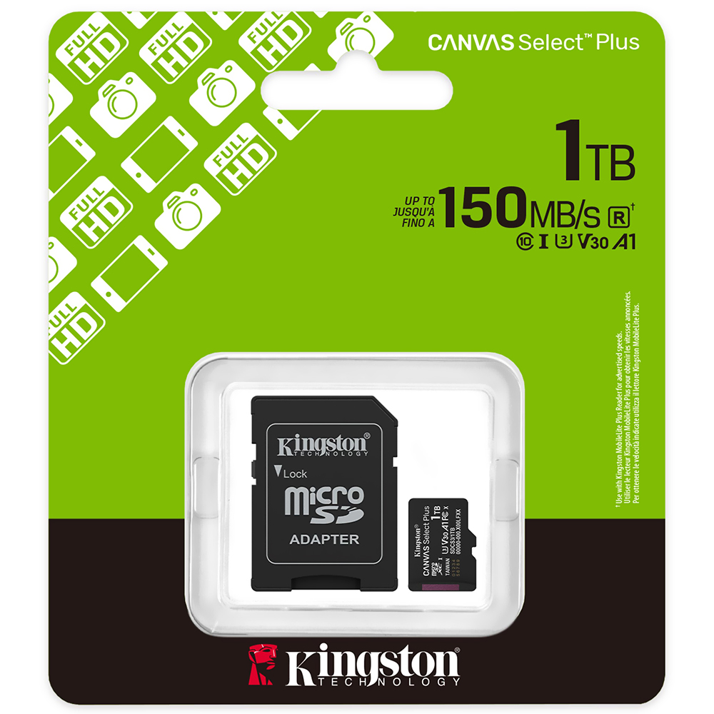 Cartão de Memória Micro SD Kingston Canvas Select Plus C10 U3 V30 A1 1TB - SDCS3/1TB