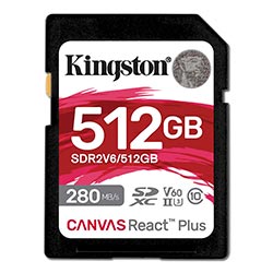 Cartão de Memória SD Kingston C10 U3 Canvas React Plus 512GB - SDR2V6/512GB