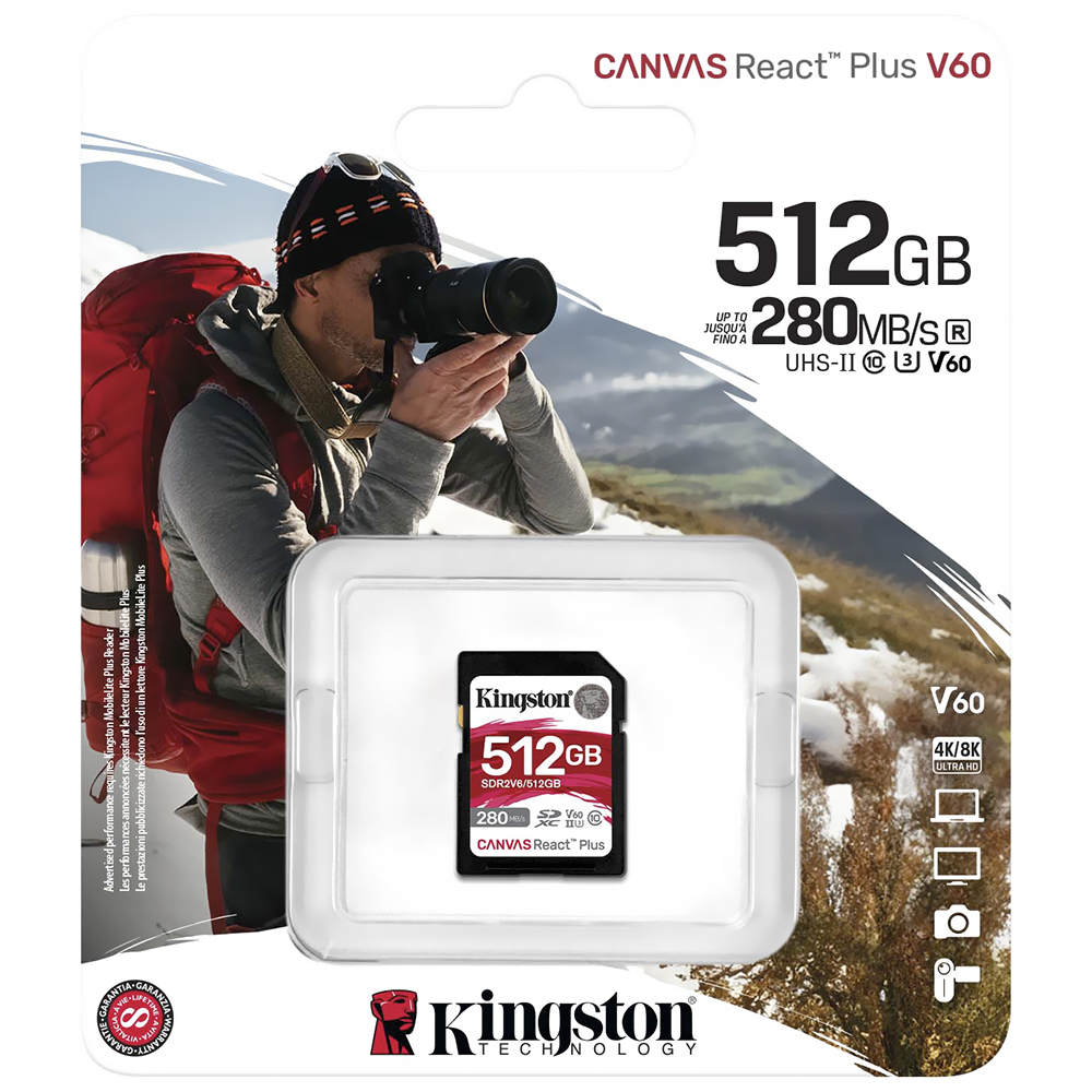 Cartão de Memória SD Kingston C10 U3 Canvas React Plus 512GB - SDR2V6/512GB