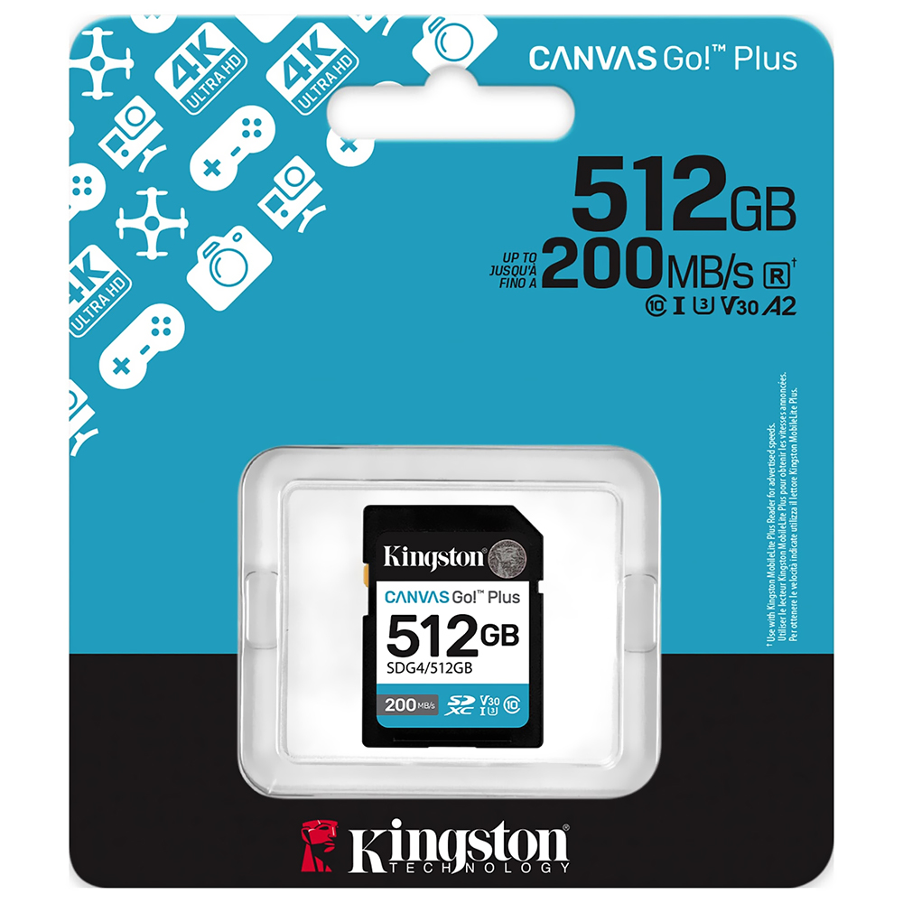Cartão de Memória SD Kingston Canvas Go Plus C10 U3 V30 A2 512GB - SDG4/512GB