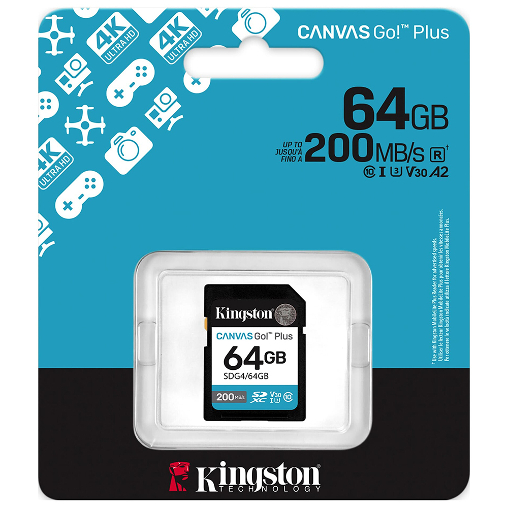 Cartão de Memória SD Kingston Canvas Go Plus C10 U3 V30 A2 64GB - SDG4/64GB