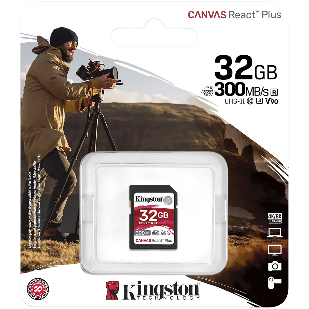 Cartão de Memória SD Kingston Canvas React Plus U3 C10 V90 32GB - SDR2/32GB