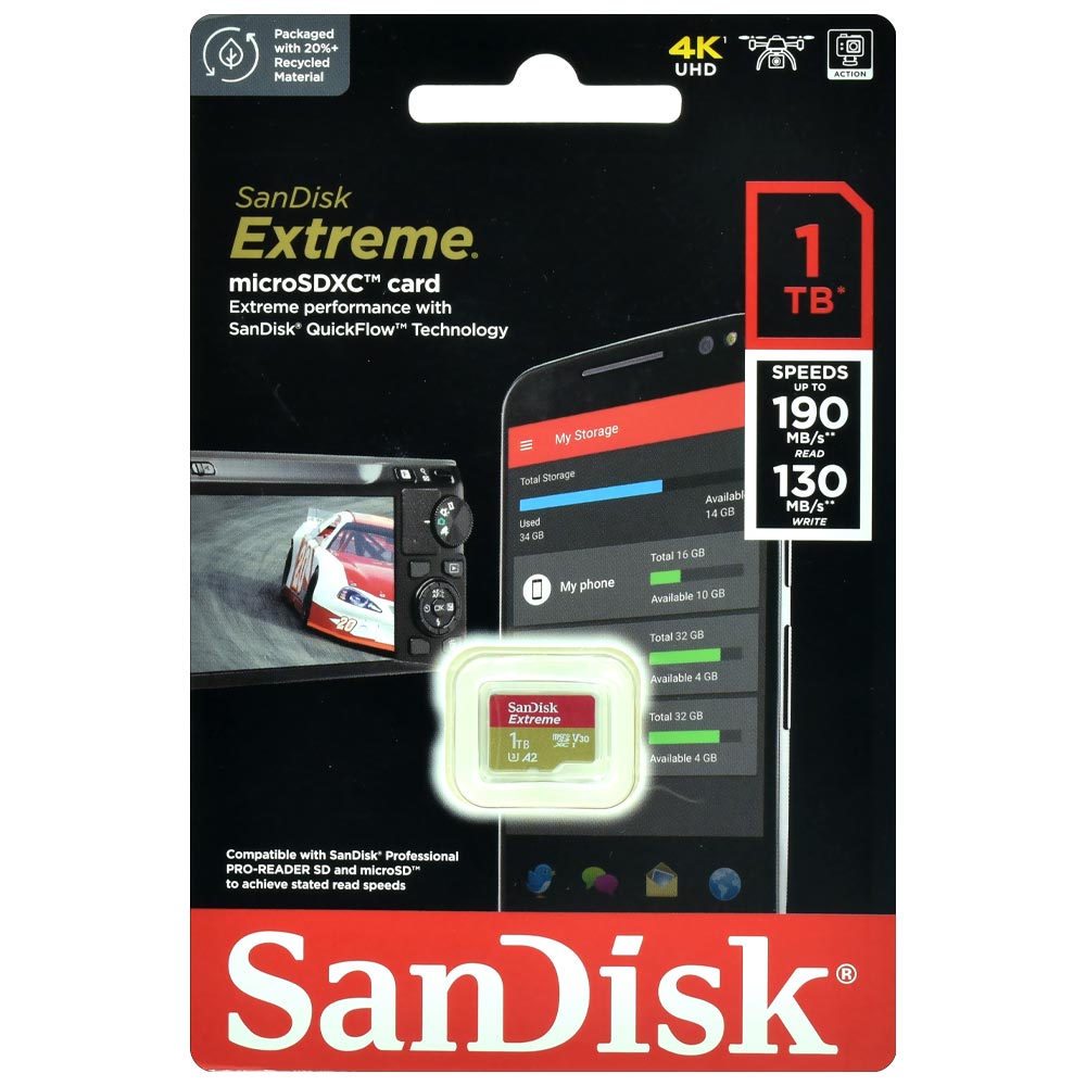 Cartão de Memória SD SanDisk Extreme 1TB V30 A2 U3 4K UHD - SDSQXAV-1T00-GN6MN