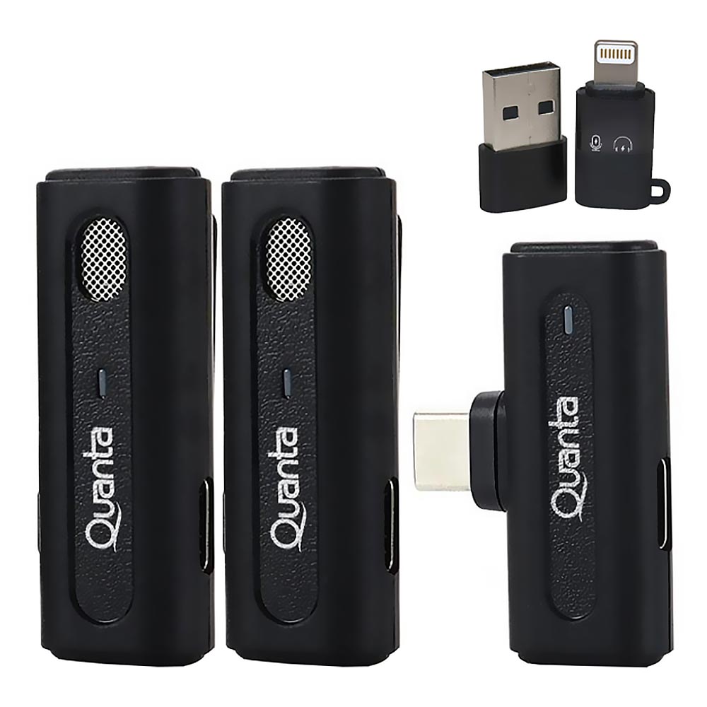 Microfone Quanta QTMDM20 Wireless para Smartphone / Type-C + Adaptador lightning - Preto