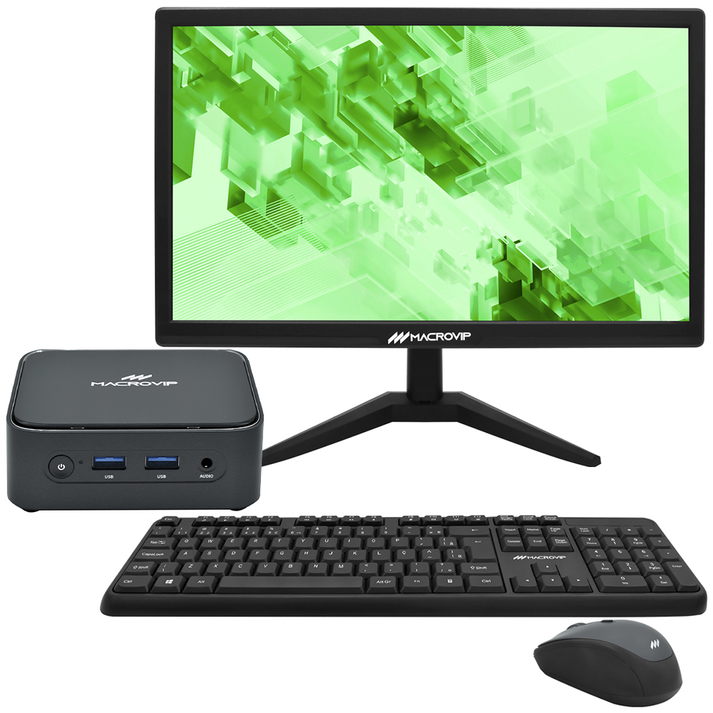 Mini PC Macrovip nanoBOX C1 Intel N100 de 0.8GHz / 8GB de RAM / 512GB SSD / Win11Pro - Preto + Monitor 20" / Teclado / Mouse