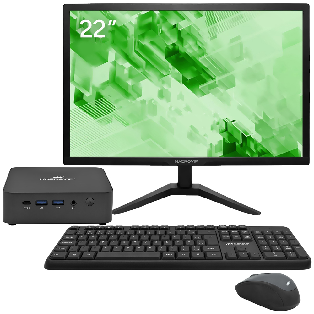 Mini PC Macrovip nanoBOX K1 Intel Core i3 1215U de 1.2GHz / 8GB de RAM / 512GB SSD / Win11Pro - Preto + Monitor 22" / Teclado / Mouse