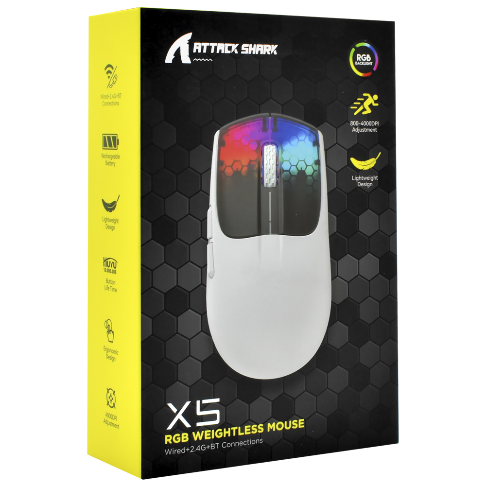 Mouse Gamer Attack Shark X5 Wireless / Bluetooth / RGB - Branco (GBT-26245-2010)