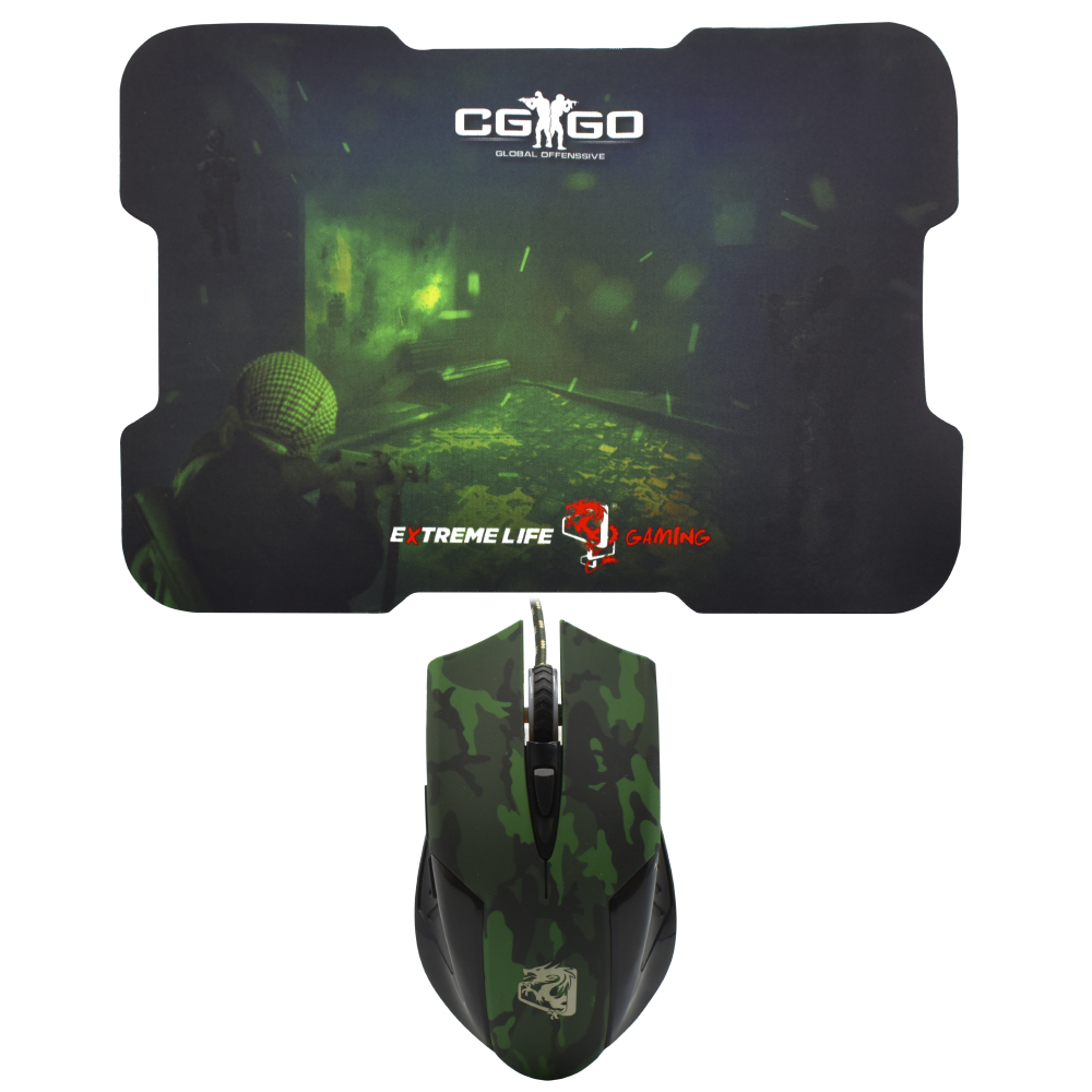 Mouse Gamer Elg CGGO21 Global Offensive USB -  Verde Camuflado / Preto + Mouse Pad