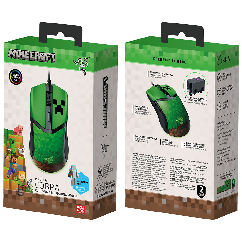 Mouse Gamer Razer Cobra Minecraft Edition USB / RGB - Verde (RZ01-04650200-R3M1)