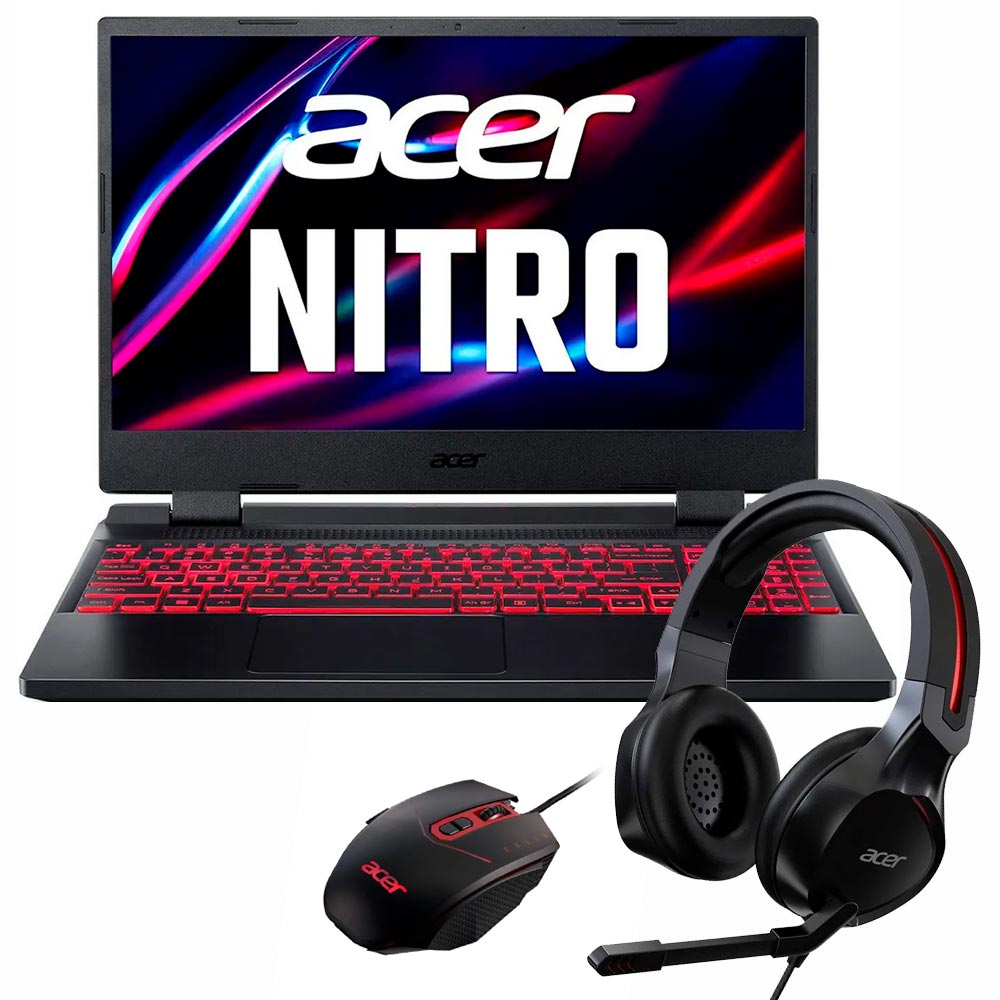 Notebook Gamer Acer Nitro 5 AN515-58-73RS Intel Core i7 12650H Tela Full HD 15.6" / 16GB de RAM / 512GB SSD / GeForce RTX4050 6GB -  Obsidian Preto + Mouse / Fone de Ouvido (Inglês)