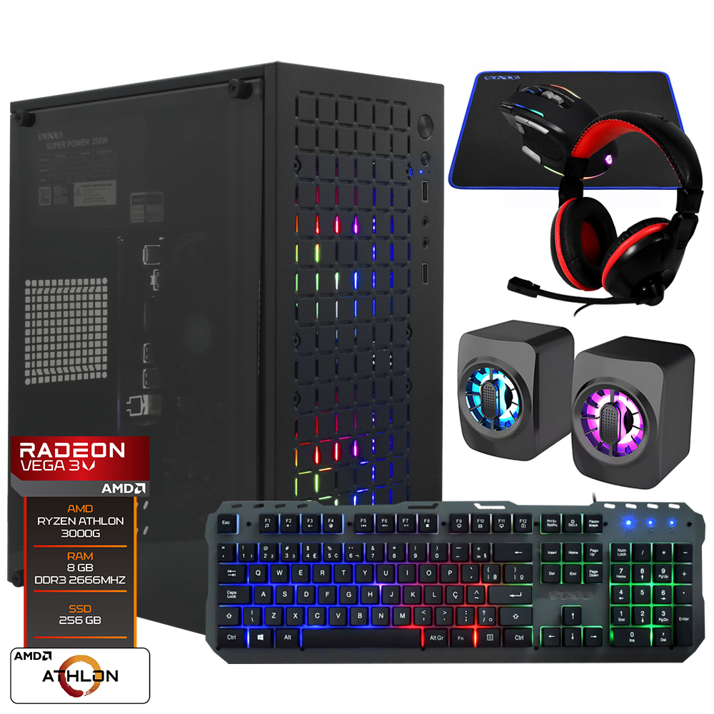 PC Montado AMD Athlon 3000G de 3.5GHz 8GB de RAM / 256GB SSD + Mouse / Teclado / Mouse Pad / Fone - Preto