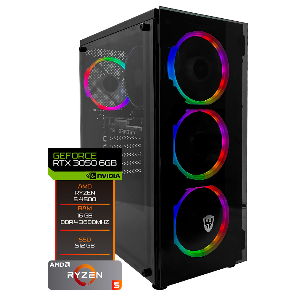 PC Montado Gamer AMD Ryzen 5 4500 de 4.1GHz 16GB de RAM / 512GB SSD / GeForce RTX3050 6GB - Preto