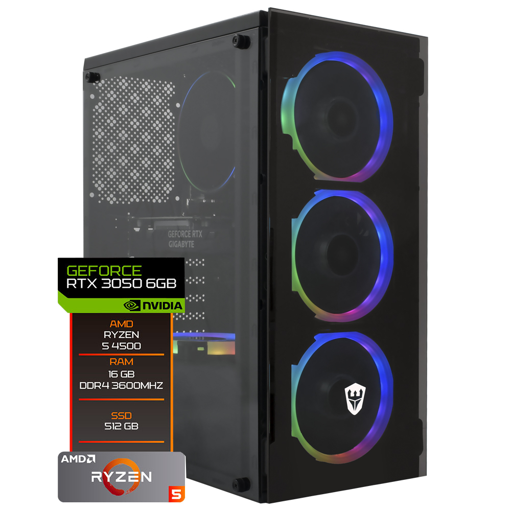 PC Montado Gamer AMD Ryzen 5 4500 de 4.1GHz 16GB de RAM / 512GB SSD / GeForce RTX3050 6GB - Preto