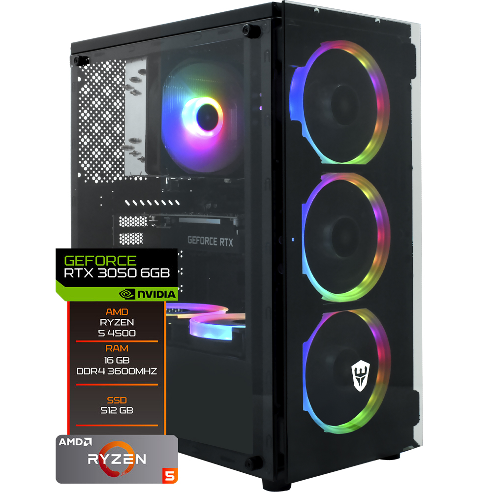 PC Montado Gamer AMD Ryzen 5 4500 de 4.1GHz 16GB de RAM / 512GB SSD / GeForce RTX3050 6GB - Preto
