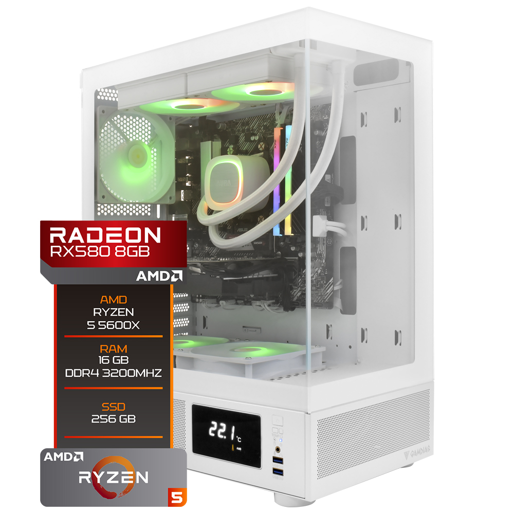 PC Montado Gamer AMD Ryzen 5 5600X de 4.6GHz 16GB de RAM / 256GB SSD / Radeon RX580 8GB - Branco