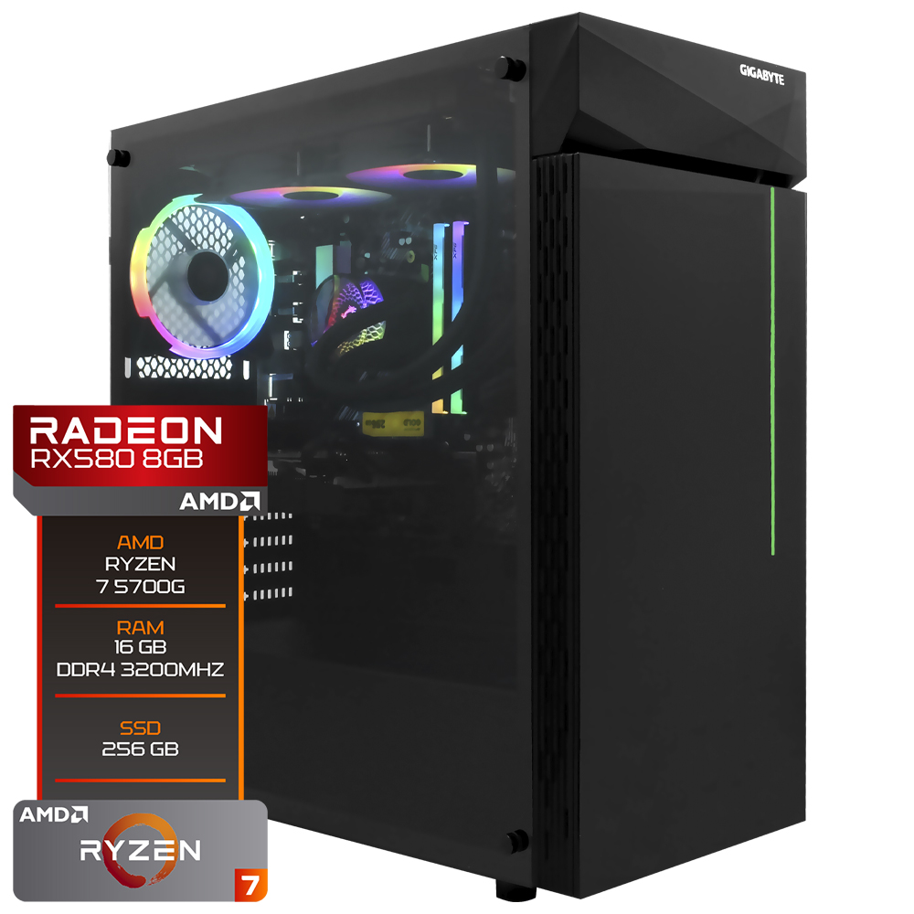 PC Montado Gamer AMD Ryzen 7 5700G de 4.6GHz 16GB de RAM / 256GB SSD / Radeon RX580 8GB - Preto