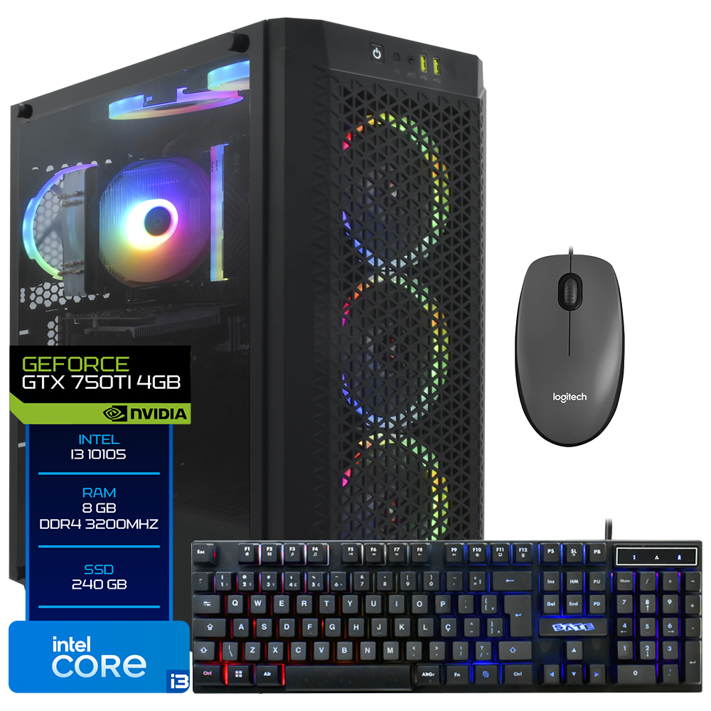 PC Montado Gamer Intel Core i3 10105F de 3.7GHz 16GB de RAM / 240GB SSD / GeForce GTX750TI 4GB + Mouse / Teclado - Preto