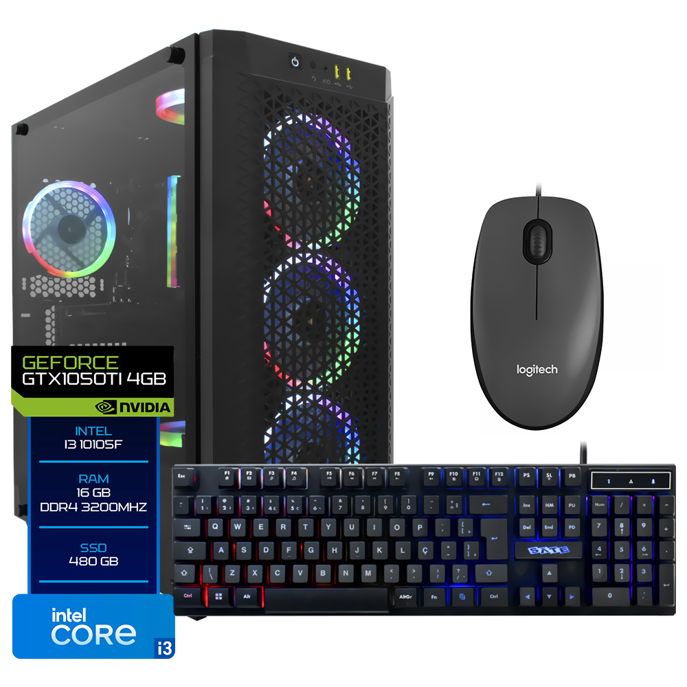 PC MONTADO GAMER INTEL CORE I3 3.7GHZ/16GB/480GB SSD/VGA GTX1050TI 4GB/MOUSE/TECLADO/LINUX PRETO