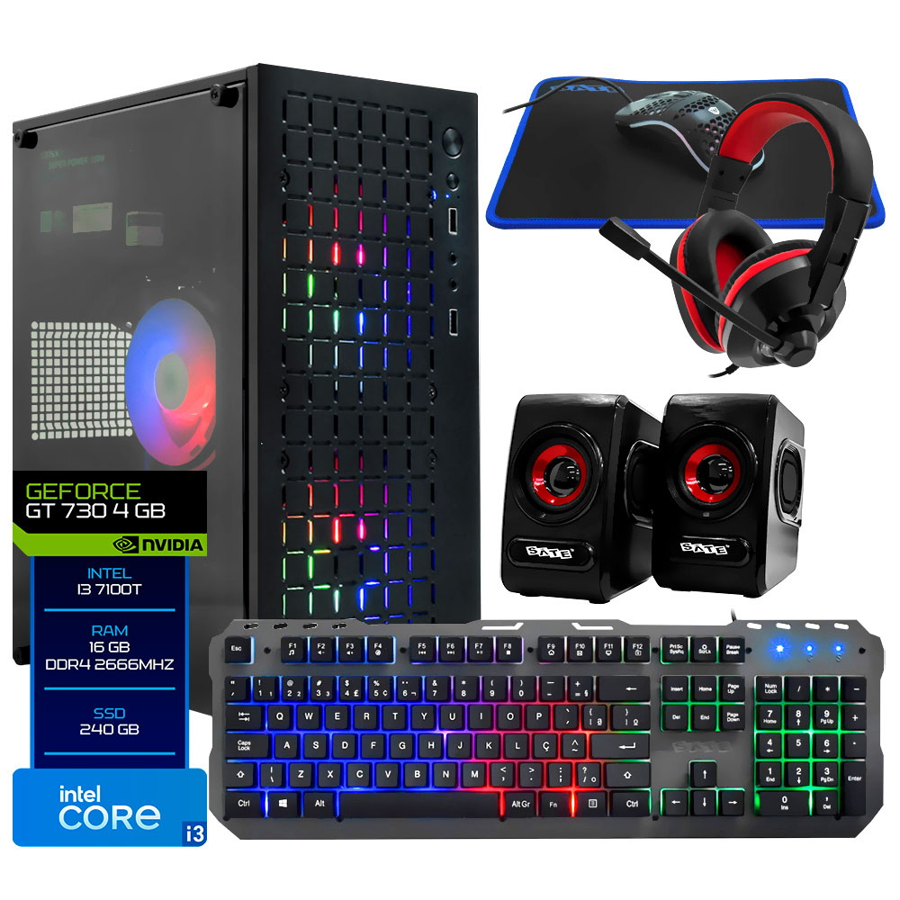 PC Montado Gamer Intel Core i3 6100T de 3.4GHz / 16GB de RAM / 240GB SSD / GeForce GT730 4GB +  Kit Gamer - Preto