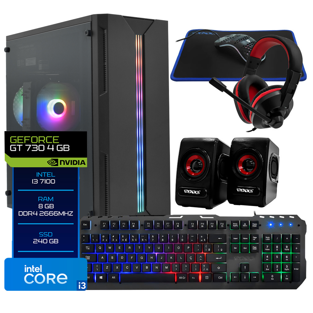 PC Montado Gamer Intel Core i3 7100 de 3.4GHz / 16GB de RAM / 240GB SSD / GeForce GT730 4GB +  Kit Gamer - Preto