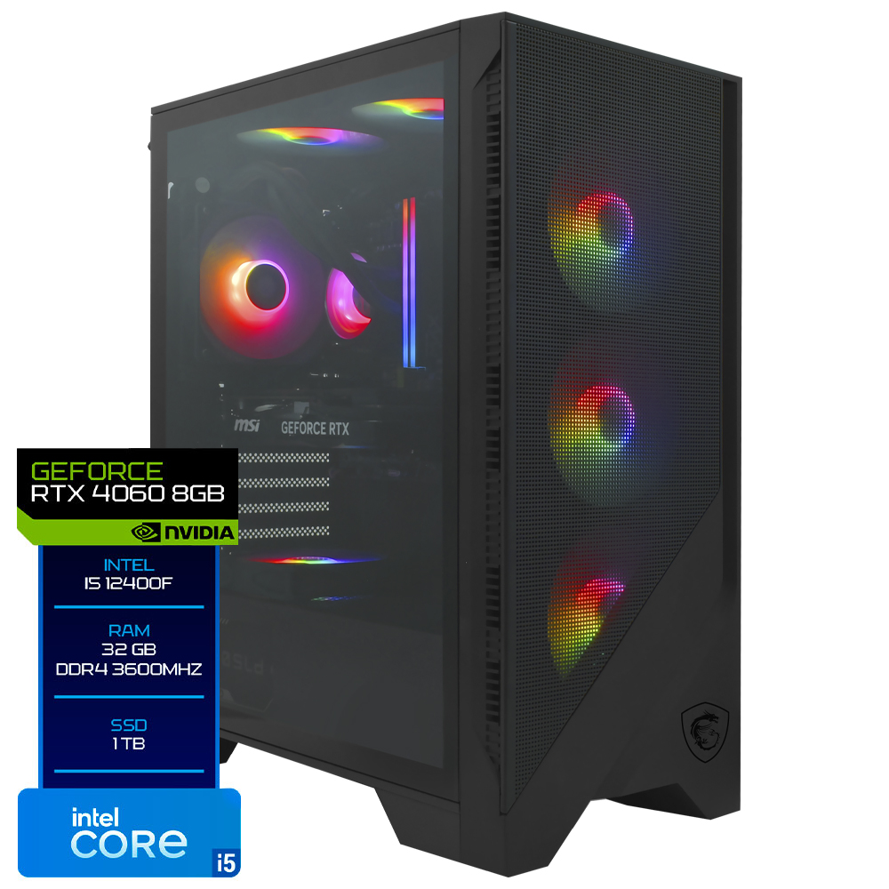 PC Montado Gamer Intel Core i5 12400F de 2.5GHz 32GB de RAM / 1TB SSD / GeForce RTX4060 8GB - Preto