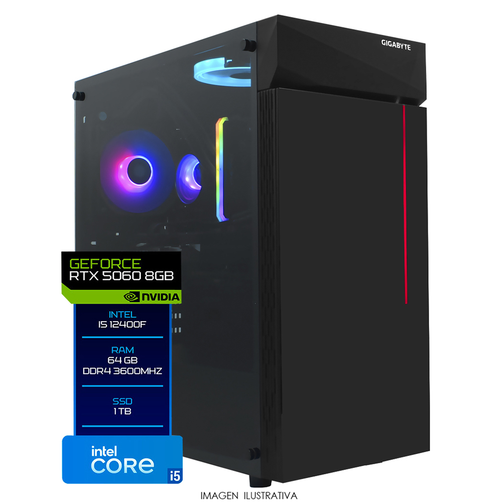 PC Montado Gamer Intel Core i5 12400F de 2.5GHz 64GB de RAM / 1TB SSD / GeForce RTX5060 8GB - Preto