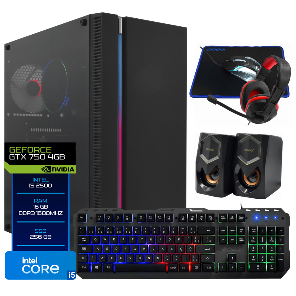 PC Montado Gamer Intel Core i5 2500 de 3.3GHz 16GB de RAM / 256GB SSD / GeForce GTX750 4GB + Kit Gamer - Preto