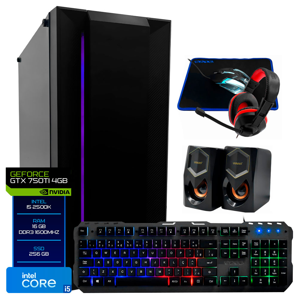 PC Montado Gamer Intel Core i5 2500K de 3.3GHz 16GB de RAM / 256GB SSD / GeForce GTX750TI 4GB + Kit Gamer - Preto