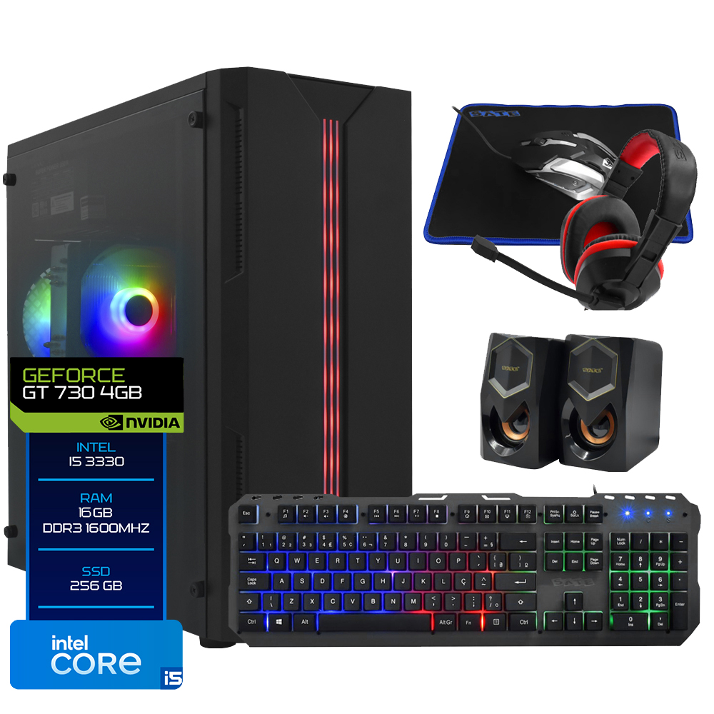 PC Montado Gamer Intel Core i5 3570 de 3.4GHz 16GB de RAM / 256GB SSD / GeForce GT730 4GB + Kit Gamer - Preto