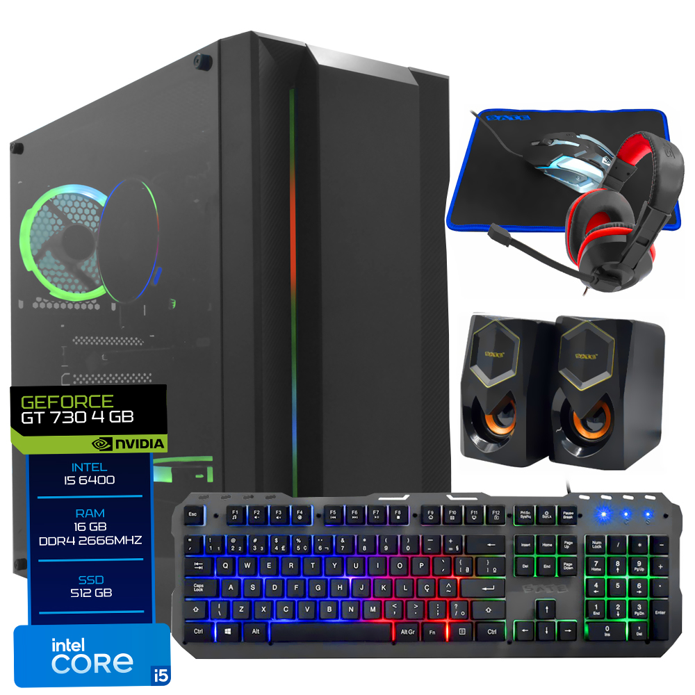 PC Montado Gamer Intel Core i5 6500T de 2.5GHz 16GB de RAM / 240GB SSD / GeForce GT730 4GB + Kit Gamer - Preto