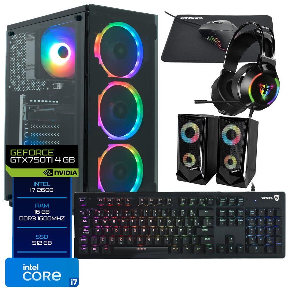 PC Montado Gamer Intel Core i7 2600 de 3.4GHz 16GB de RAM / 512GB SSD / GeForce GTX750TI 4GB + Kit Gamer - Preto