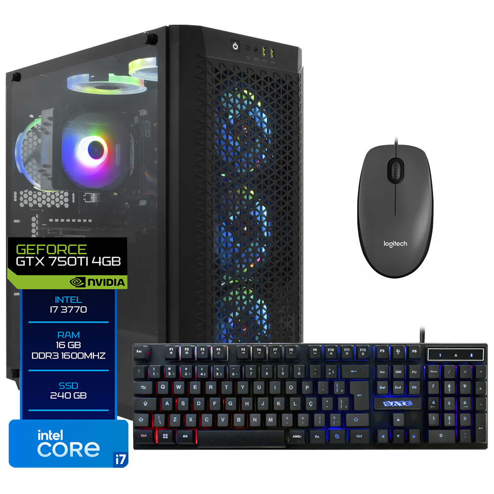 PC Montado Gamer Intel Core i7 3770 de 3.4GHz 16GB de RAM / 240GB SSD / GeForce GTX750 4GB + Mouse / Teclado - Preto