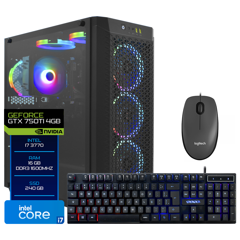 PC Montado Gamer Intel Core i7 3770 de 3.4GHz 16GB de RAM / 240GB SSD / GeForce GTX750 4GB + Mouse / Teclado - Preto