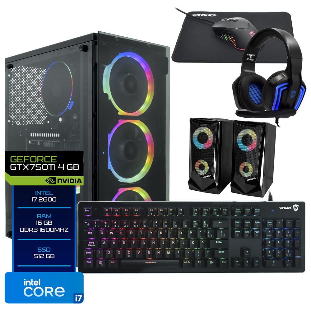 PC Montado Gamer Intel Core i7 3770 de 3.4GHz 16GB de RAM / 512GB SSD / GeForce GTX750TI 4GB + Kit Gamer - Preto