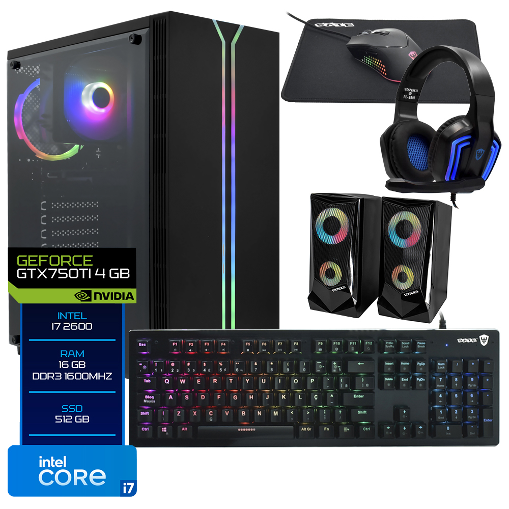 PC Montado Gamer Intel Core i7 3770 de 3.4GHz 16GB de RAM / 512GB SSD / GeForce GTX750TI 4GB + Kit Gamer - Preto