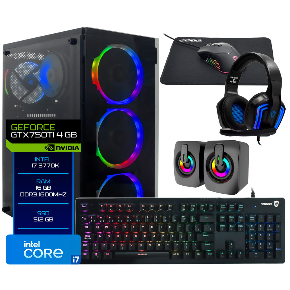 PC Montado Gamer Intel Core i7 3770K de 3.5GHz 16GB de RAM / 512GB SSD / GeForce GTX750TI 4GB + Kit Gamer - Preto