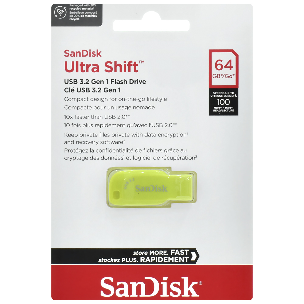 PENDRIVE   64GB SANDISK Z410 ULTRA SHIFT USB 3.2 DRIVE/100MBs AMARELO SDCZ410-064G-G46EP