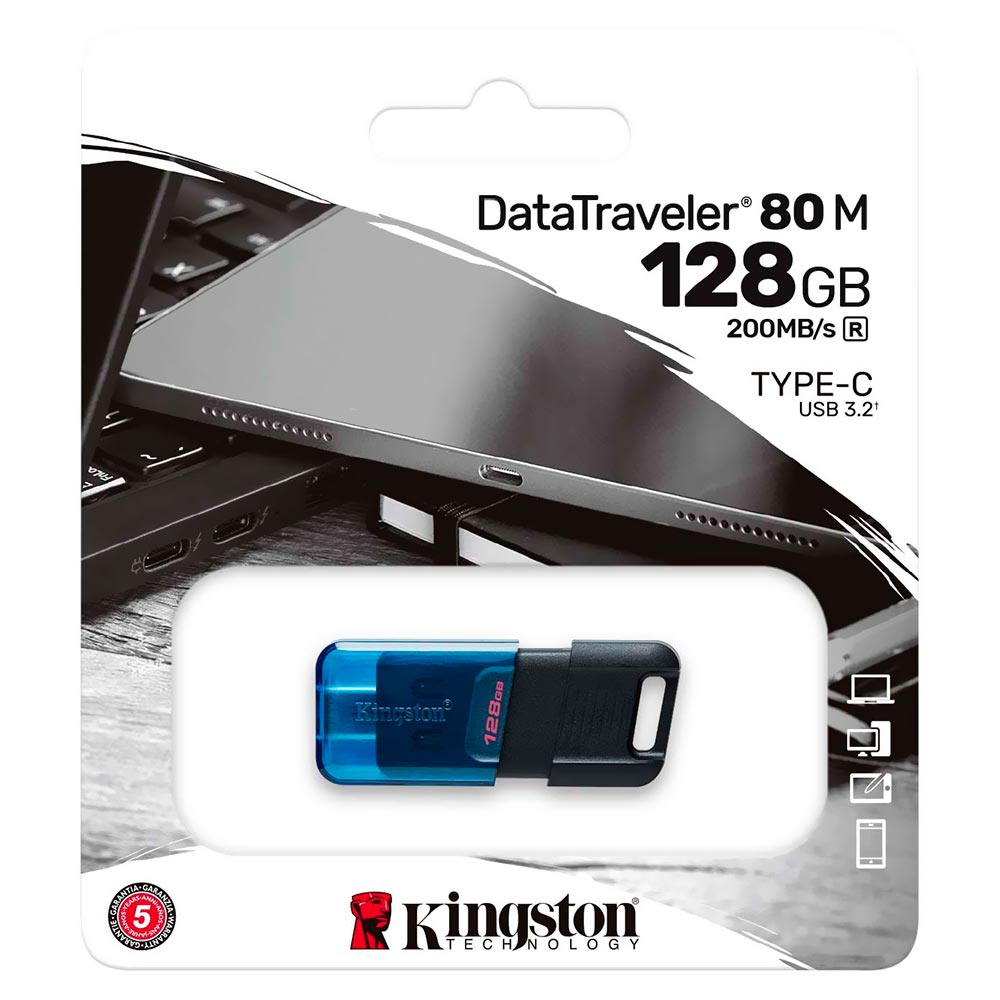 Pendrive Kingston DataTraveler 80M 128GB Type-C 3.2 - Preto / Azul (DT80M/128GB)