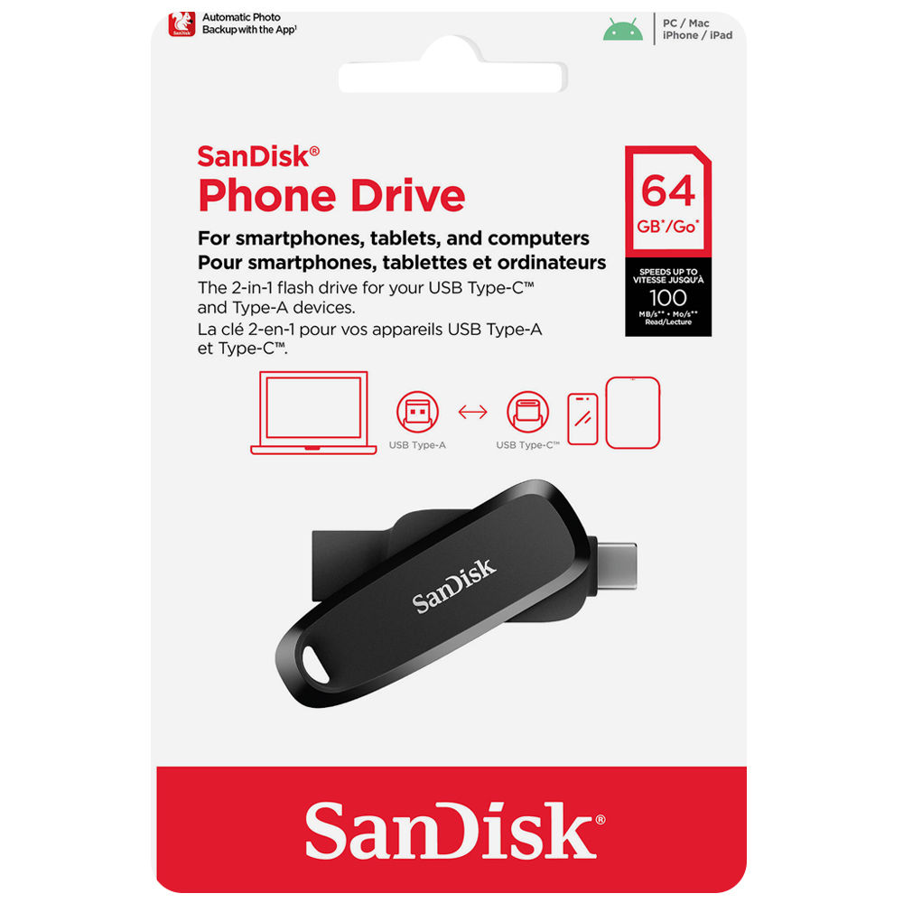 Pendrive SanDisk G46 Phone Drive 64GB USB-C / USB 3.2 - Preto (SDDDC6-064G-G46)