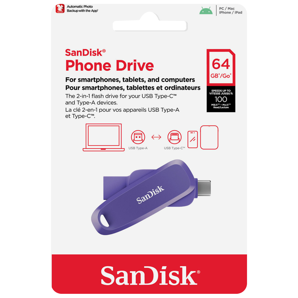 Pendrive SanDisk G46PO Phone Drive 64GB USB-C / USB 3.2 - Roxo (SDDDC6-064G-G46PO)