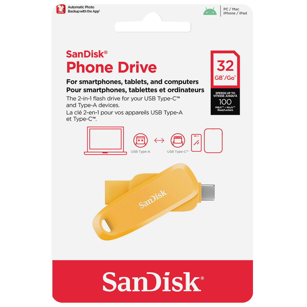 Pendrive SanDisk G46YD Phone Drive 32GB USB-C / USB 3.2 - Amarelo (SDDDC6-032G-G46YD)