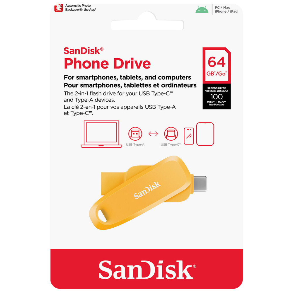 Pendrive SanDisk G46YD Phone Drive 64GB USB-C / USB 3.2 - Amarelo (SDDDC6-064G-G46YD)