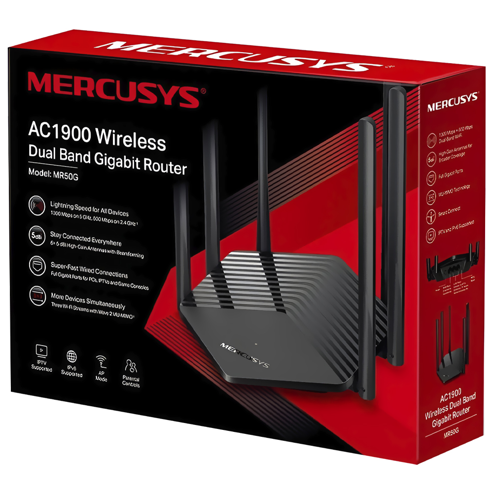 Roteador Mercusys MR50G AC1900 Dual Band / 2.4GHz / 5GHz / 6 Antenas - Preto